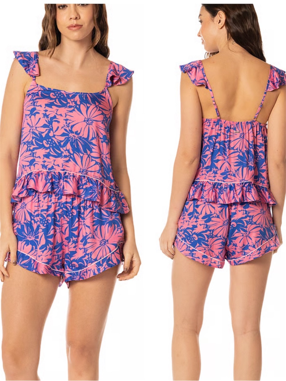 Maaji Serenity Sleeveless Ruffle Pink Floral Shorts Pajama Set Size Large
